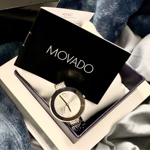 MOVADO BOLD SILVER BANGLE WITH CRYSTAL ACCENTS